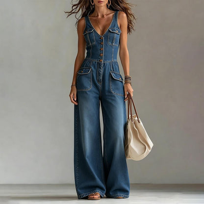 Denim Jumpsuits for Women V Neck Mid Waist Denim Sleeveless Wide Leg Jumpsuit with Pocket for Daily Wear unusual