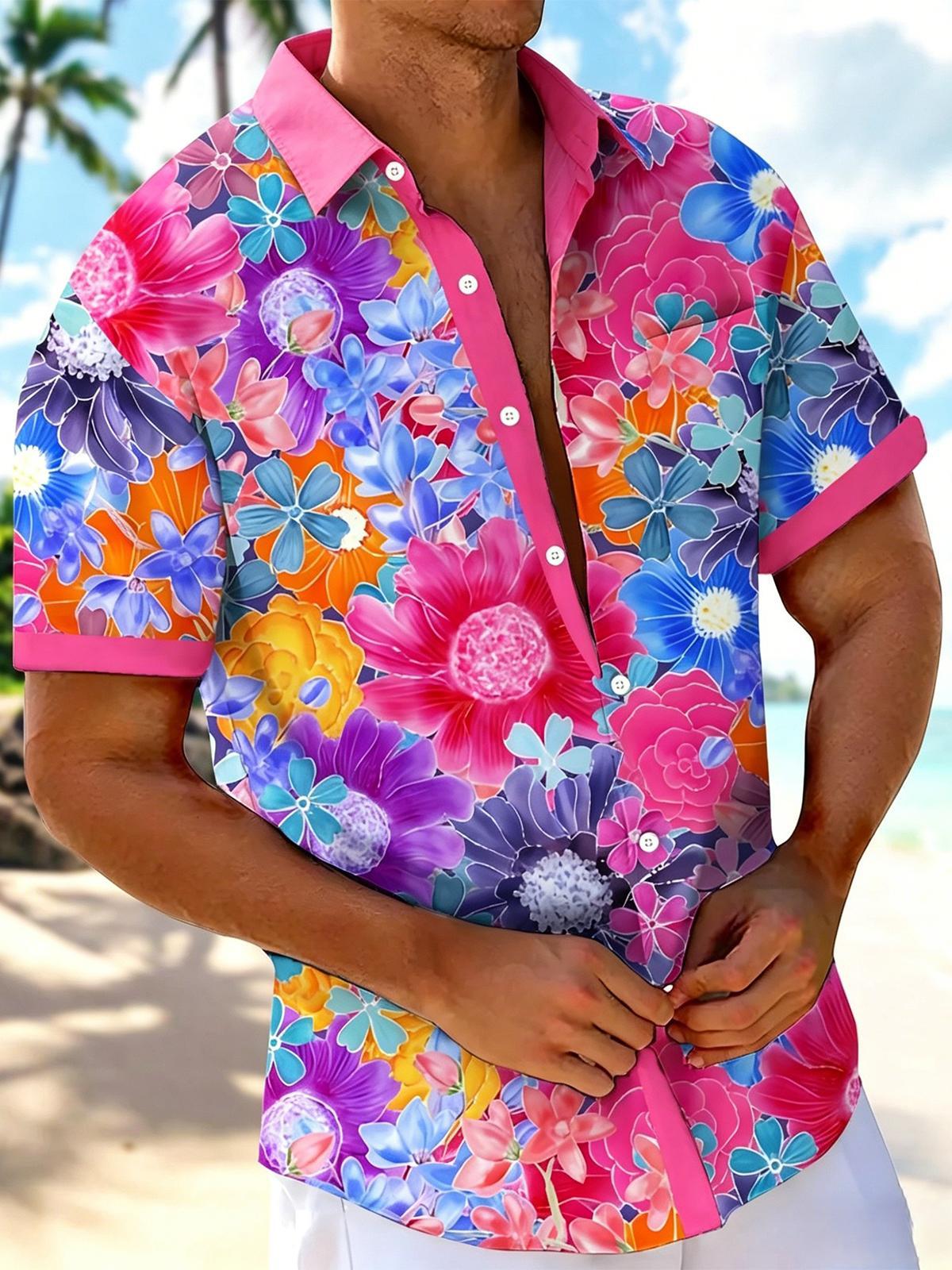 Hawaiian Colorful Tropical Floral Men's Pocket Short Sleeve Shirts
