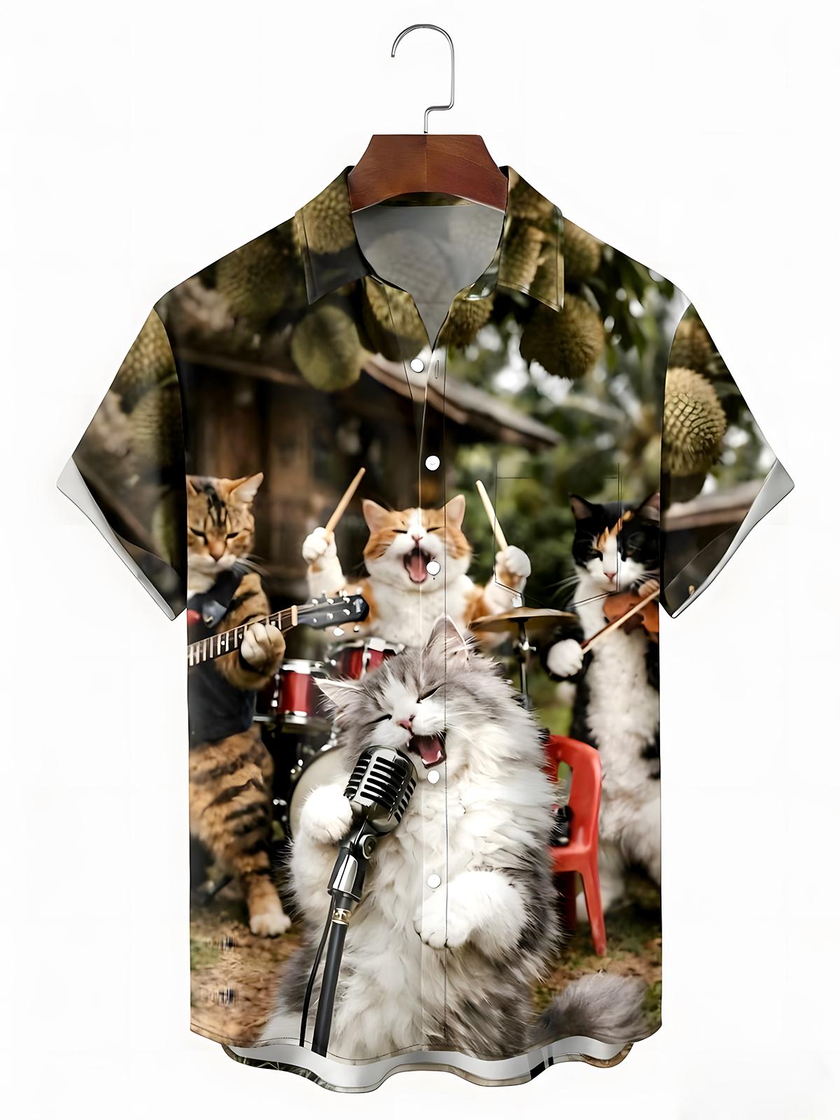 Cat Drum Set Rock Men's Pocket Short Sleeve Shirts