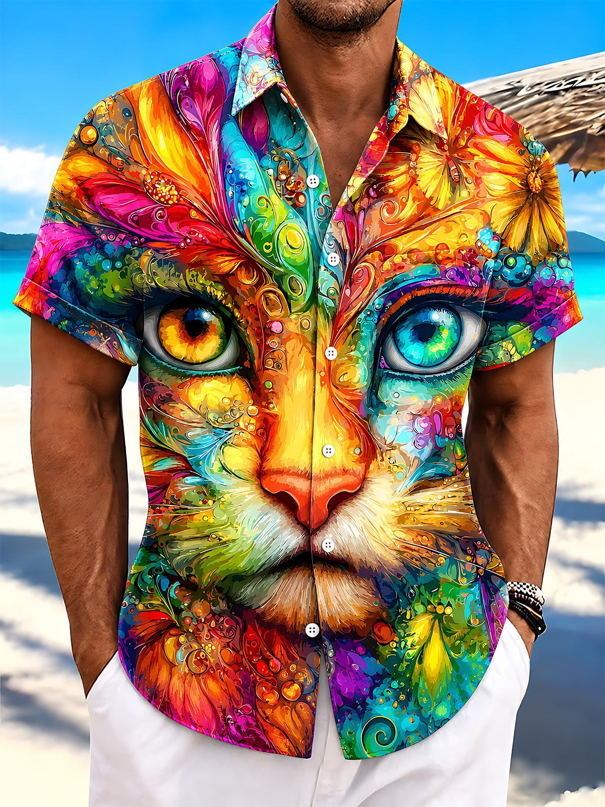 Psychedelic Colorful Cat Men's Pocket Short Sleeve Shirts
