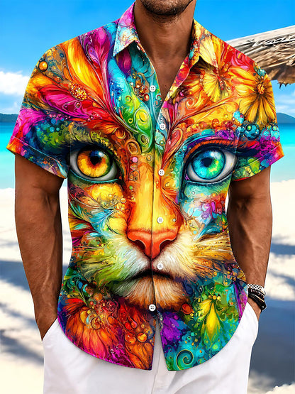 Psychedelic Colorful Cat Men's Pocket Short Sleeve Shirts