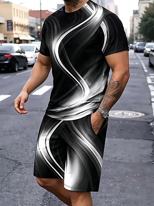 Abstract Print Men's Short Sleeve Round Neck T-shirt And Shorts Set