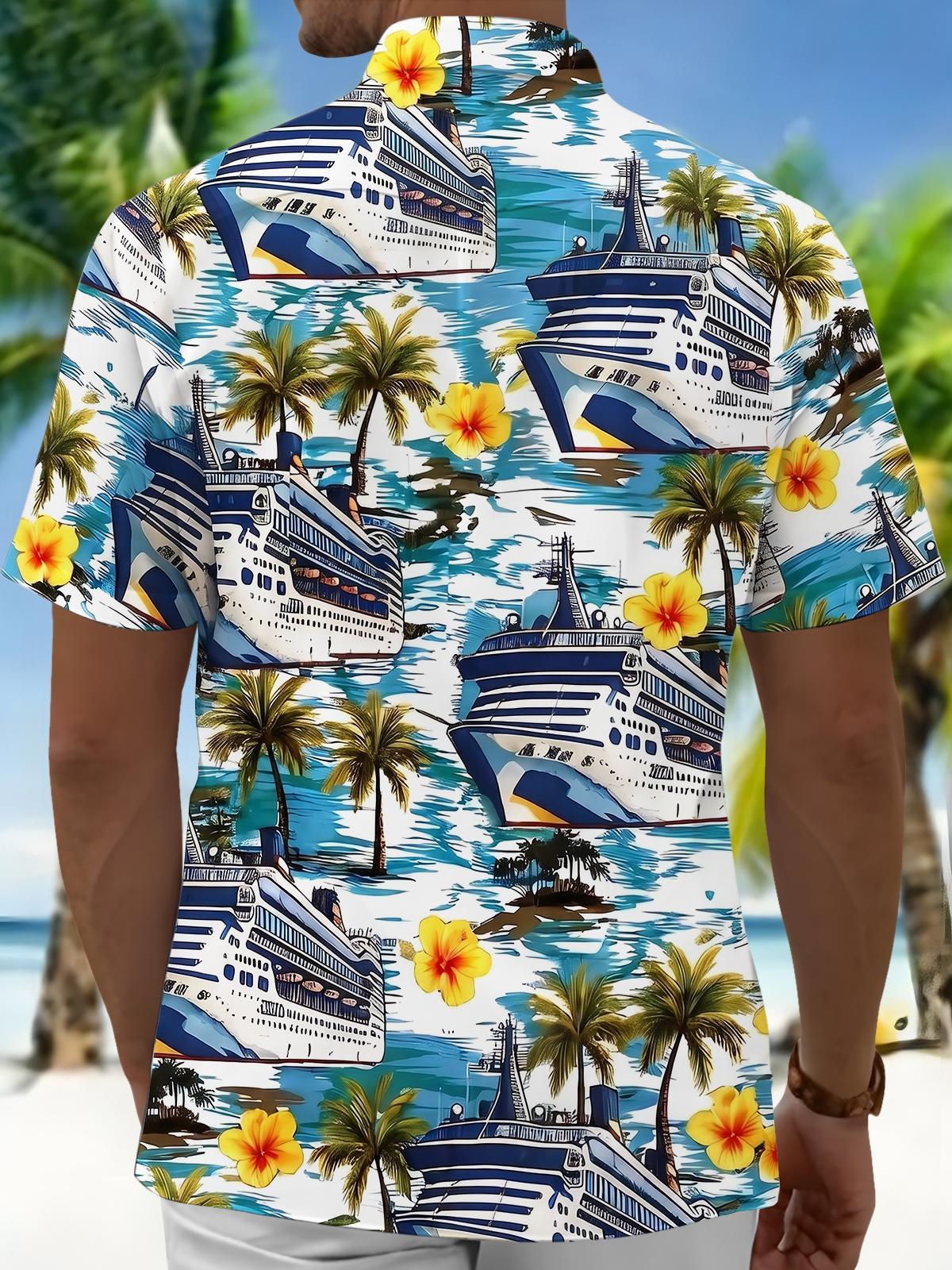 Hawaiian Vacation Cruise Palm Tree Flower Men's Pocket Short Sleeve Shirts
