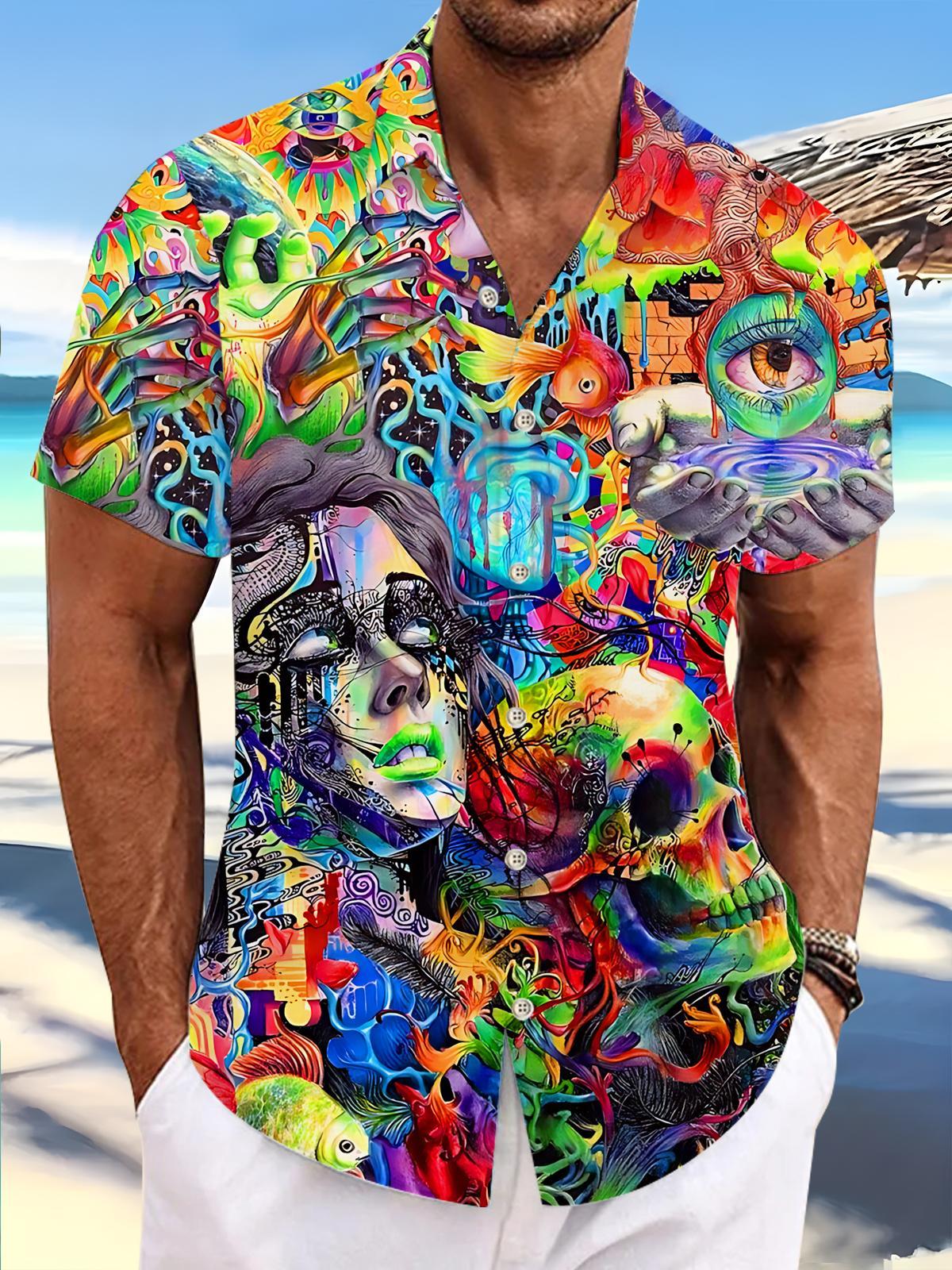 Abstract Face Skull Art print Men's Pocket Short Sleeve Shirts
