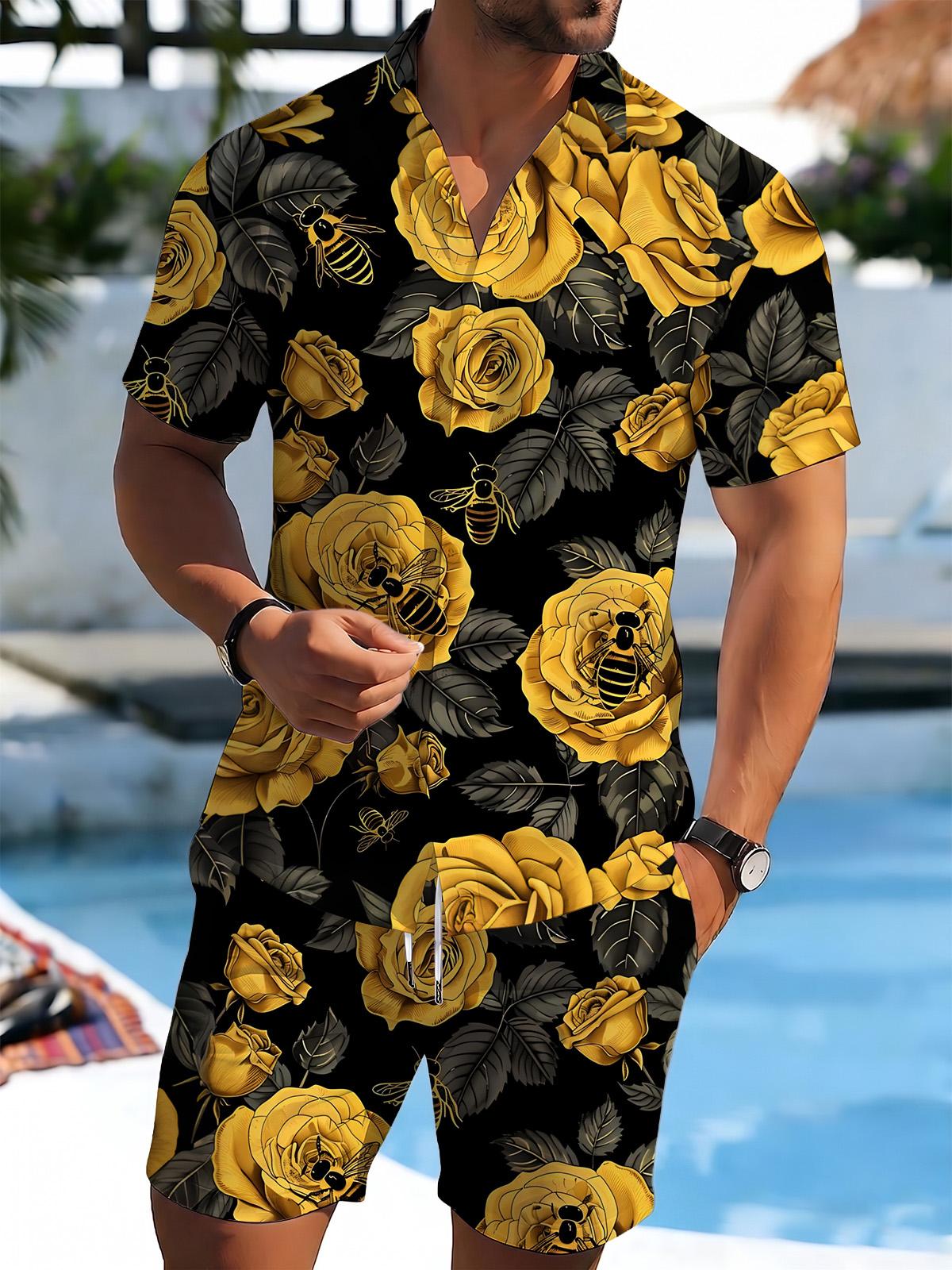 Bee Flower Print Men's Short Sleeve Pocket Shirts And Shorts Set