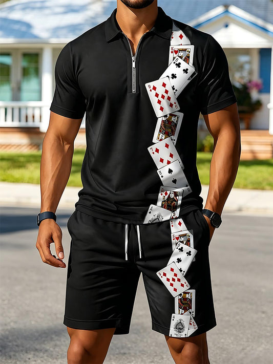 Dark Poker Men's Short Sleeve Zipper Polo And Shorts Set