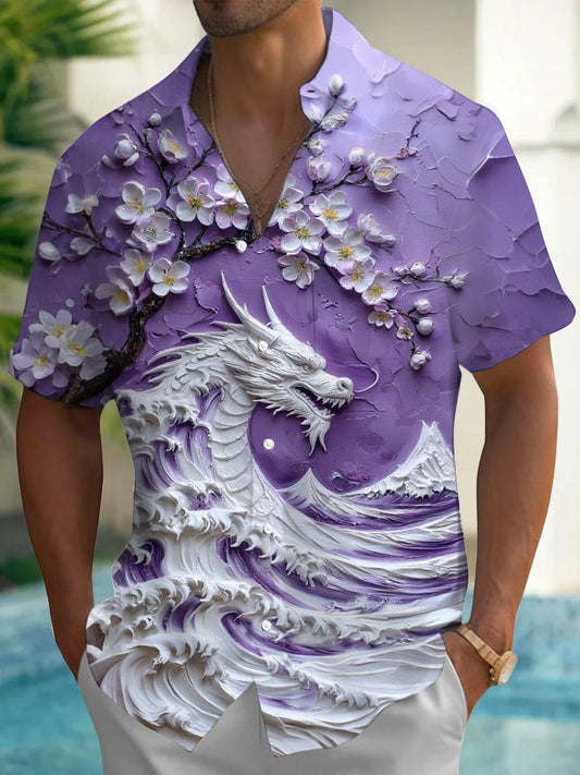 Dragon Sakura Print Men's Pocket Short Sleeve Shirts