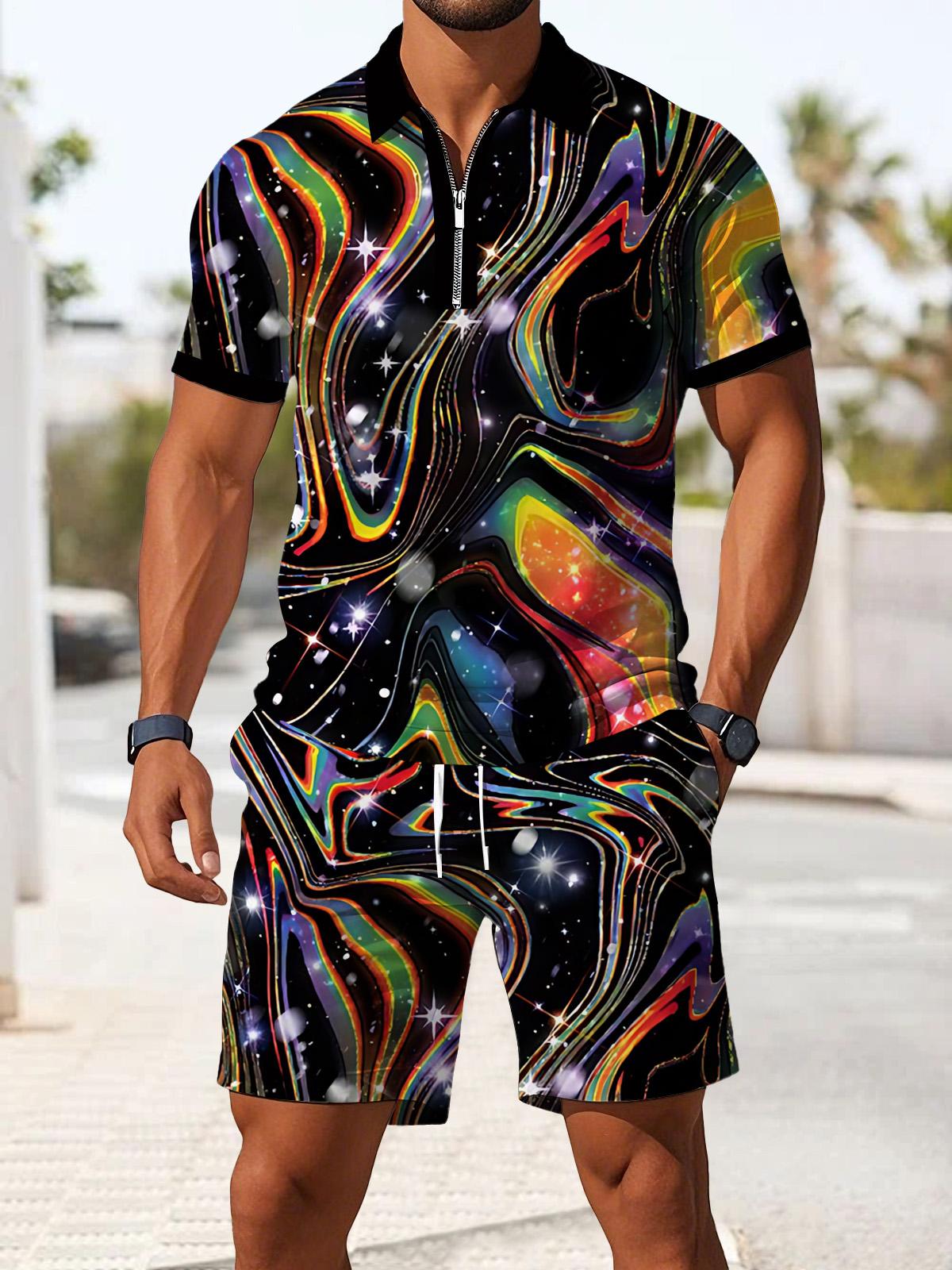 Abstract Gradient Print Men's Short Sleeve Zipper Polo And Shorts Set