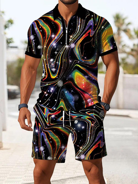 Abstract Gradient Print Men's Short Sleeve Zipper Polo And Shorts Set