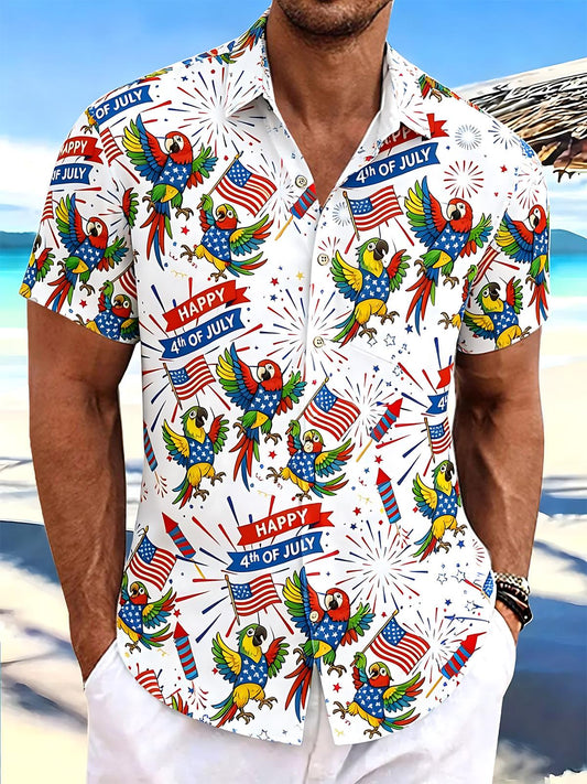 Independence Day American Flag Parrot Print Men's Pocket Short Sleeve Shirts