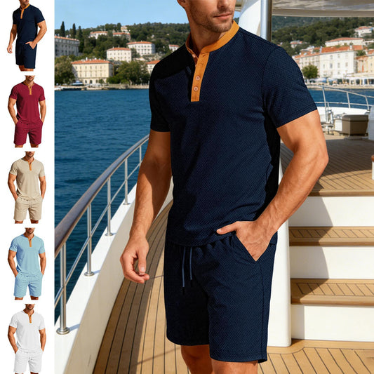 Mens Short Sets 2 Piece Outfits Textured 2 Piece Summer Short Sleeve Crewnek Button Sweatsuit Sets for Gym great gift