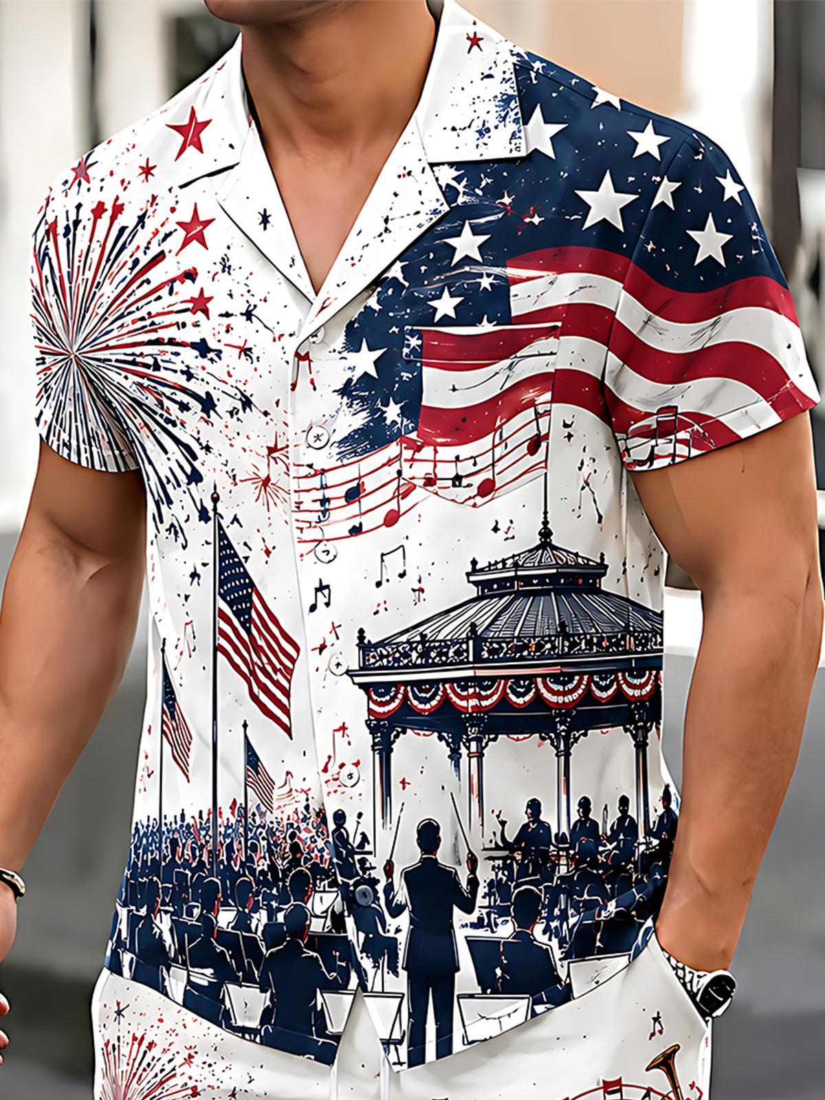 Independence Day American Fireworks Concert Men's Pocket Short Sleeve Set