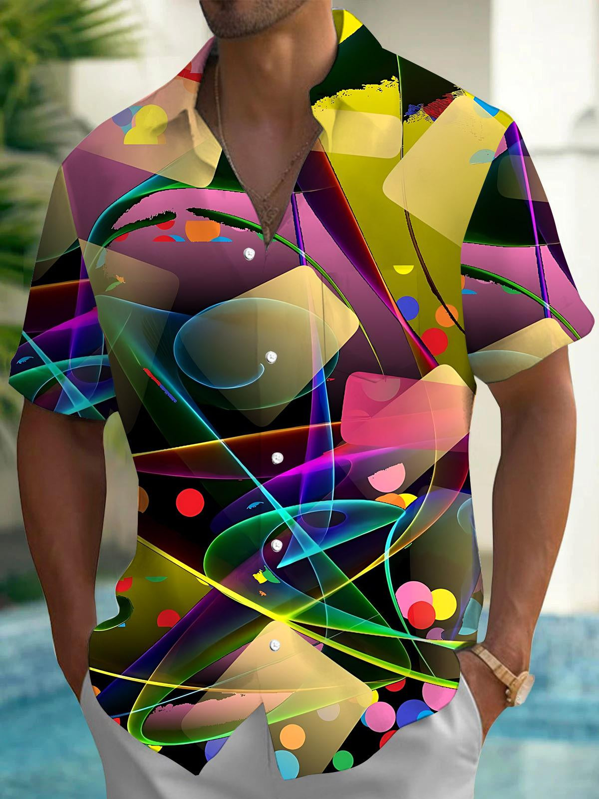 Abstract Line Print Men's Pocket Short Sleeve Shirts