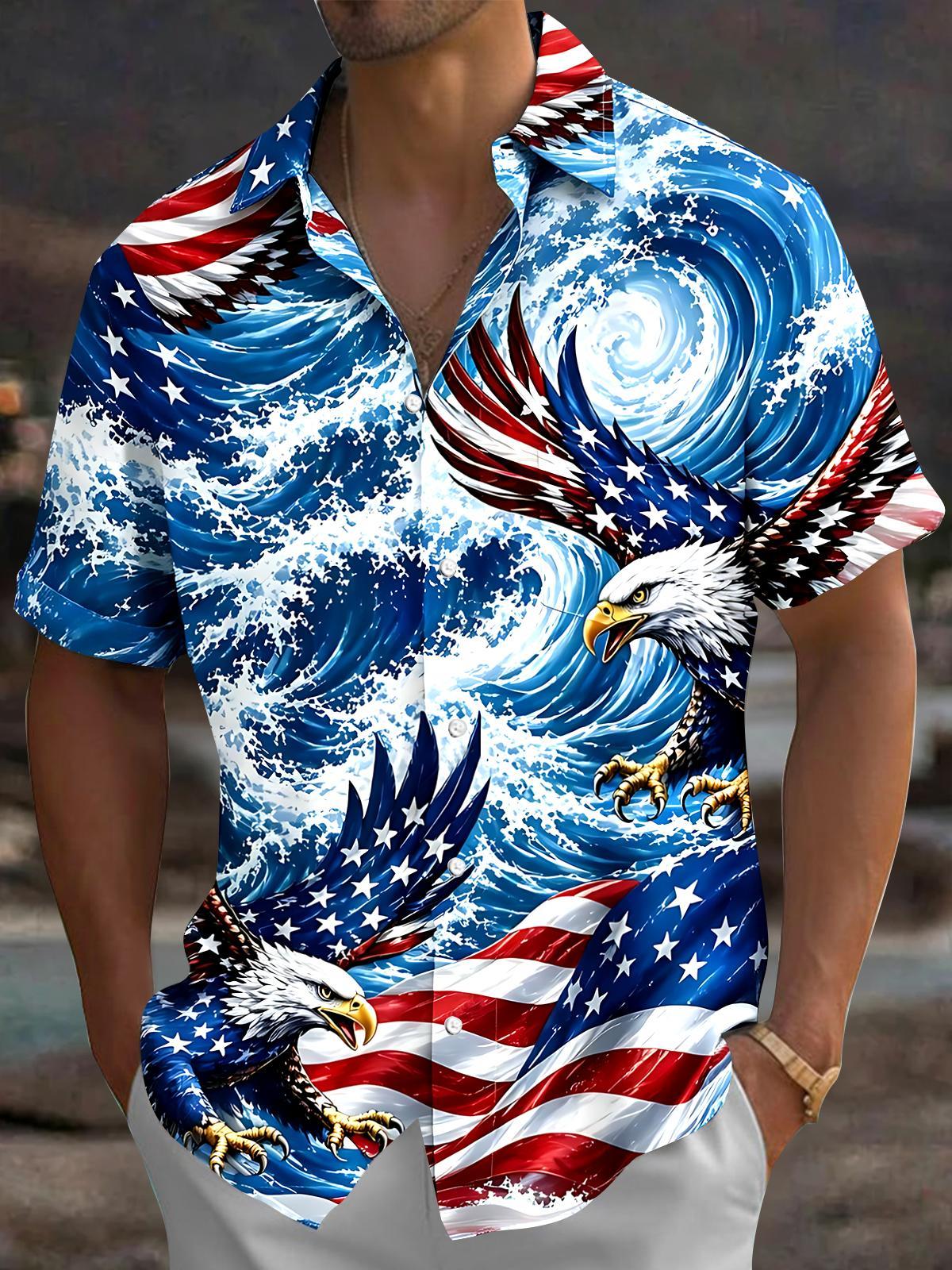 Independence Eagle Sea Wave Men's Pocket Short Sleeve Shirts