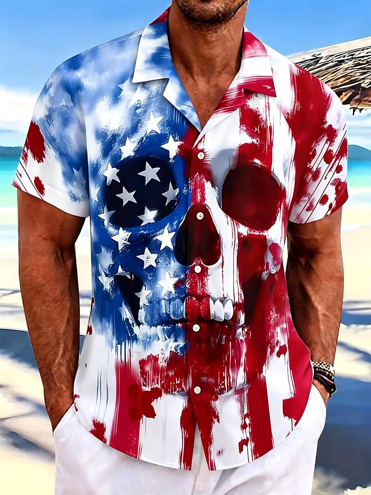 American Flag Skull Print Men's Pocket Cuban Collar Short Sleeve Shirt