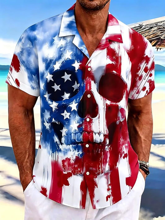 American Flag Skull Print Men's Pocket Cuban Collar Short Sleeve Shirt