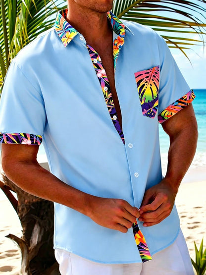 Hawaiian Light Blue Tropical Floral Leaves Trim Men's Pocket Short Sleeve Shirts