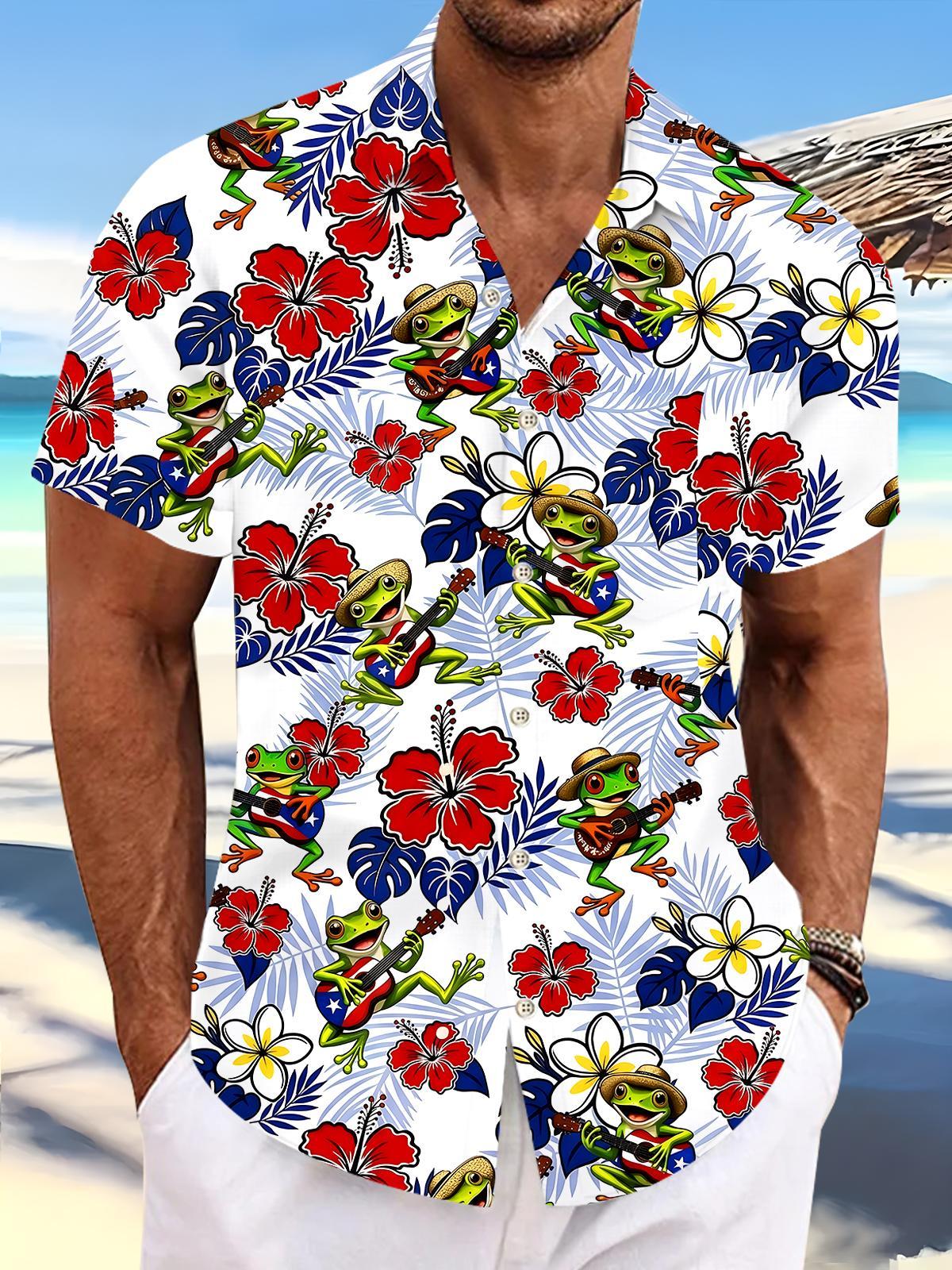 Independence Frog Guitar Floral Men's Pocket Short Sleeve Shirts