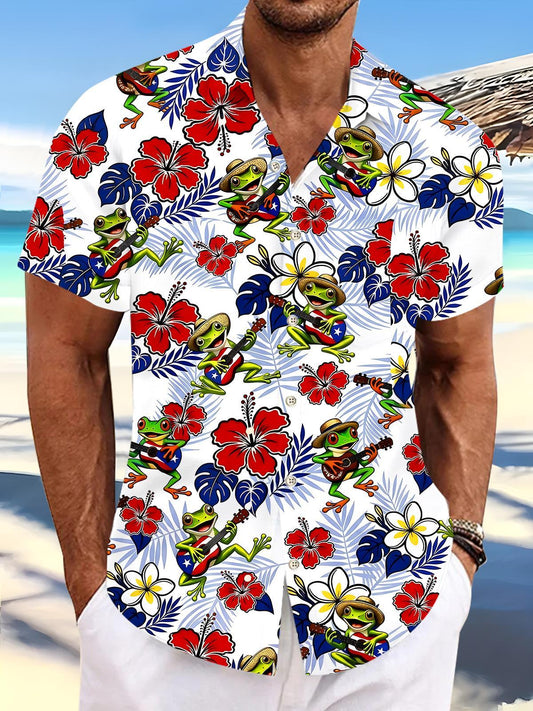 Independence Frog Guitar Floral Men's Pocket Short Sleeve Shirts