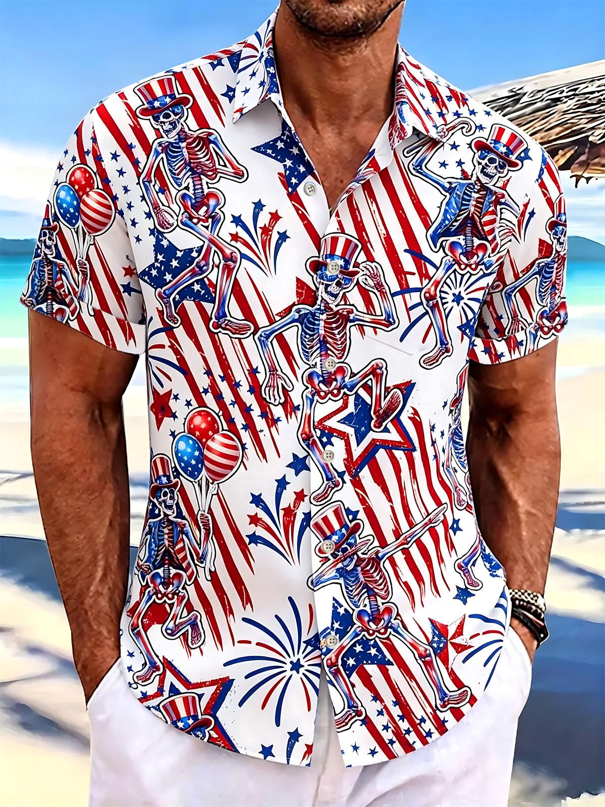 Independence Day American Flag Skull Print Men's Pocket Short Sleeve Shirts