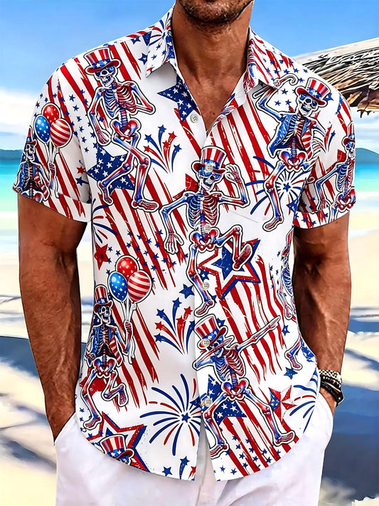 Independence Day American Flag Skull Print Men's Pocket Short Sleeve Shirts