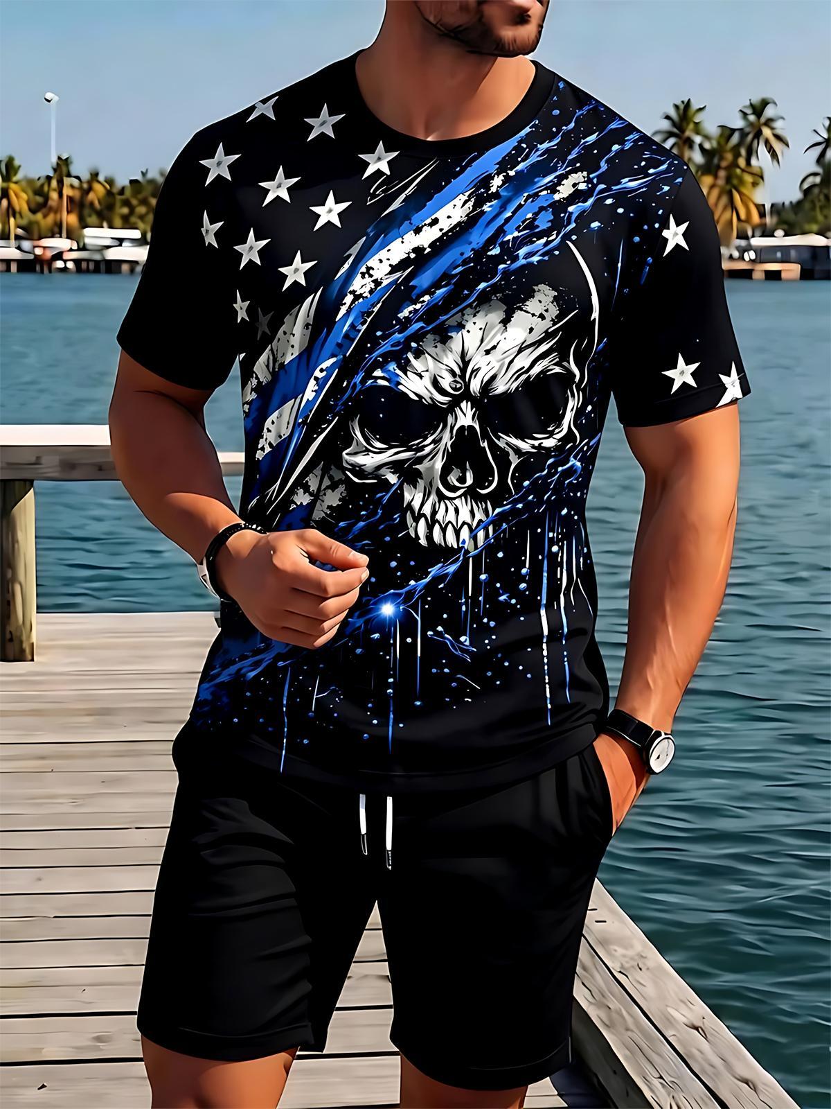 Independence American Flag Skull Men's Short Sleeve Round Neck T-shirt And Shorts Set