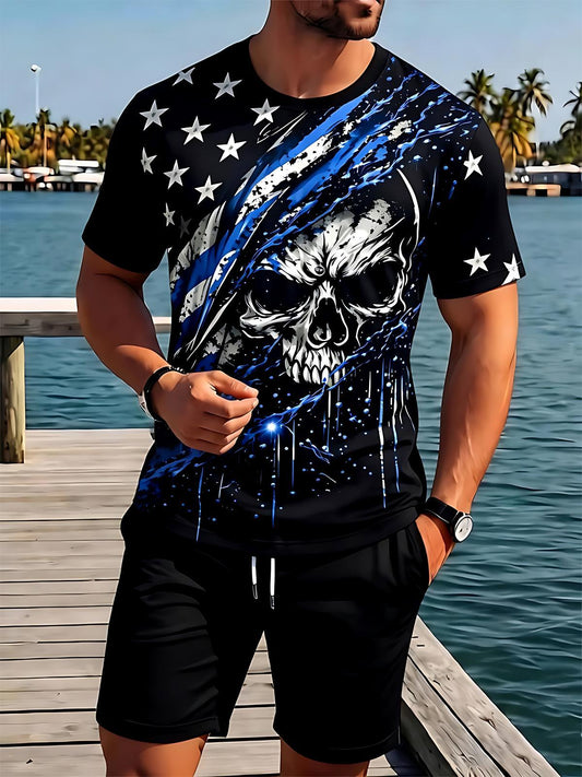 Independence American Flag Skull Men's Short Sleeve Round Neck T-shirt And Shorts Set