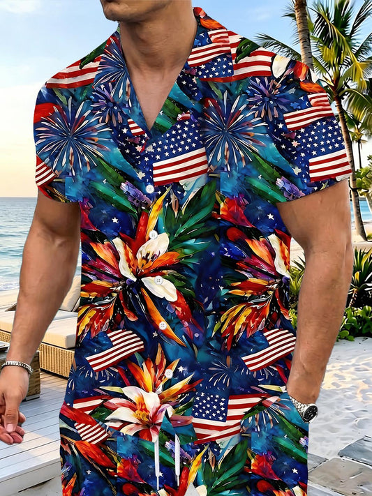 Independence American Flag Floral Men's Pocket Short Sleeve Sets