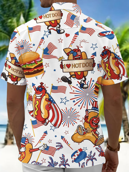 Fun American Flag Hot Dog And Burger Independence Day Men's Pocket Short Sleeve Shirts