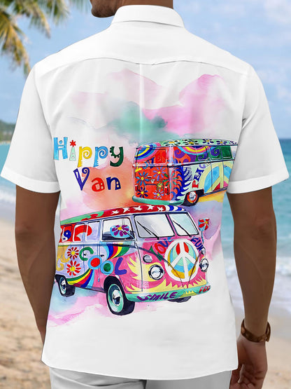 Hippie Van Print Men's Pocket Short Sleeve Shirts