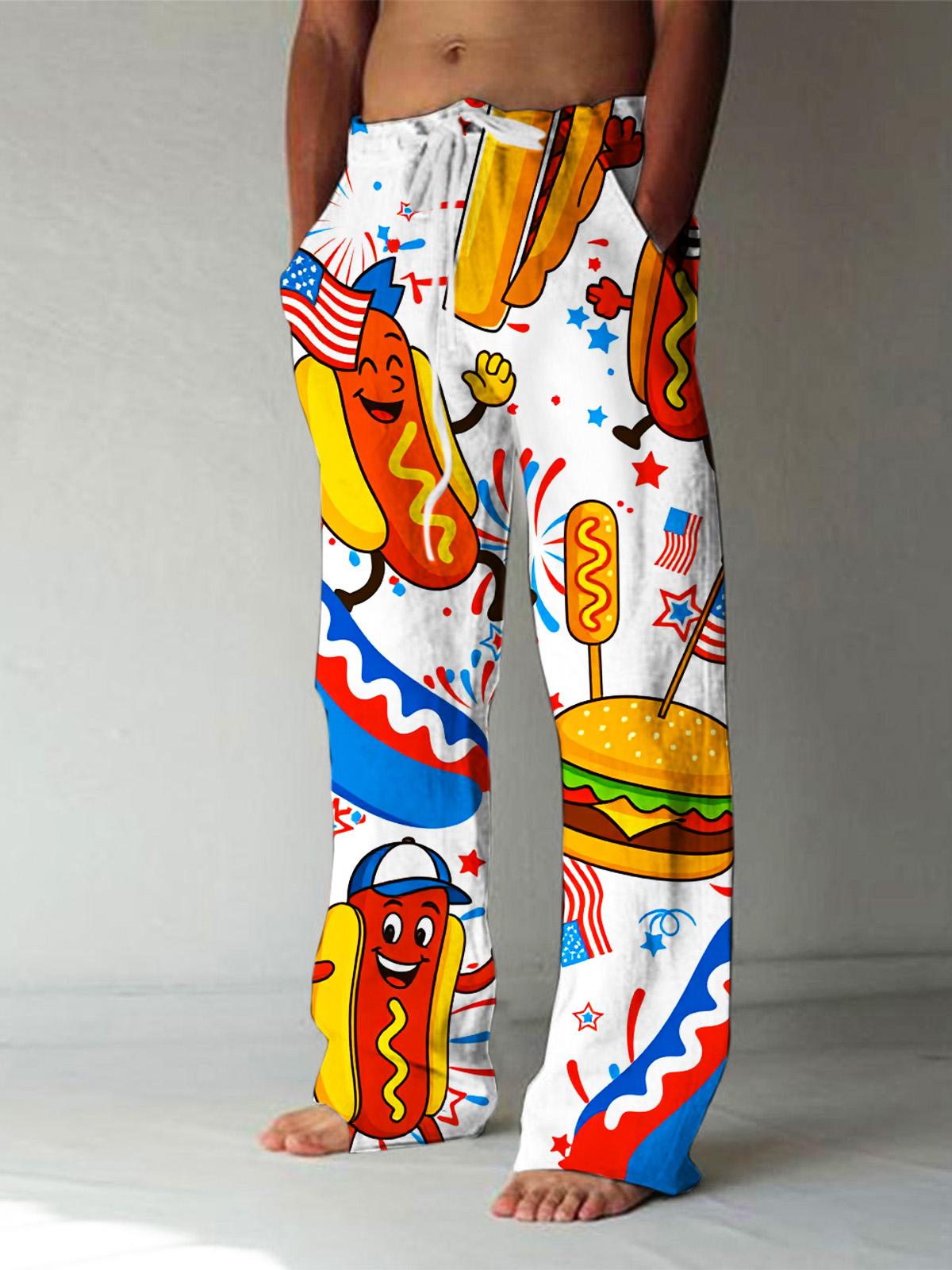 American Flag Hot Dog Burger Funny Print Men's Casual Elastic Waist Pants