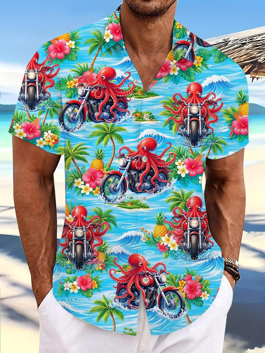 Hawaiian Octopus Motorcycle Print Men's Pocket Short Sleeve Shirts