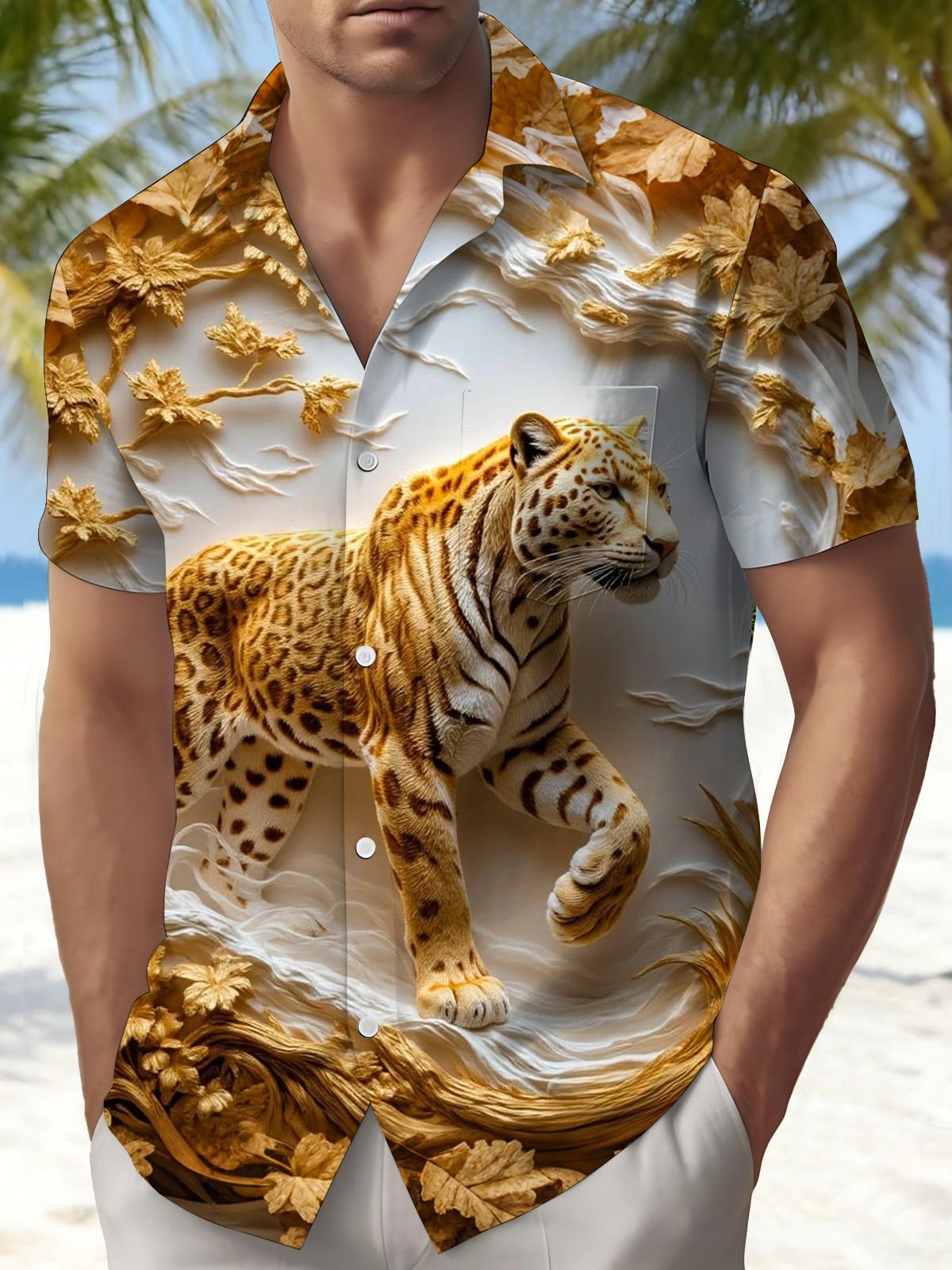 Golden Leopard Print Men's Pocket Short Sleeve Shirts