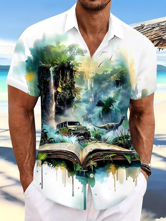 Forest Dinosaur Men's Pocket Short Sleeve Shirts