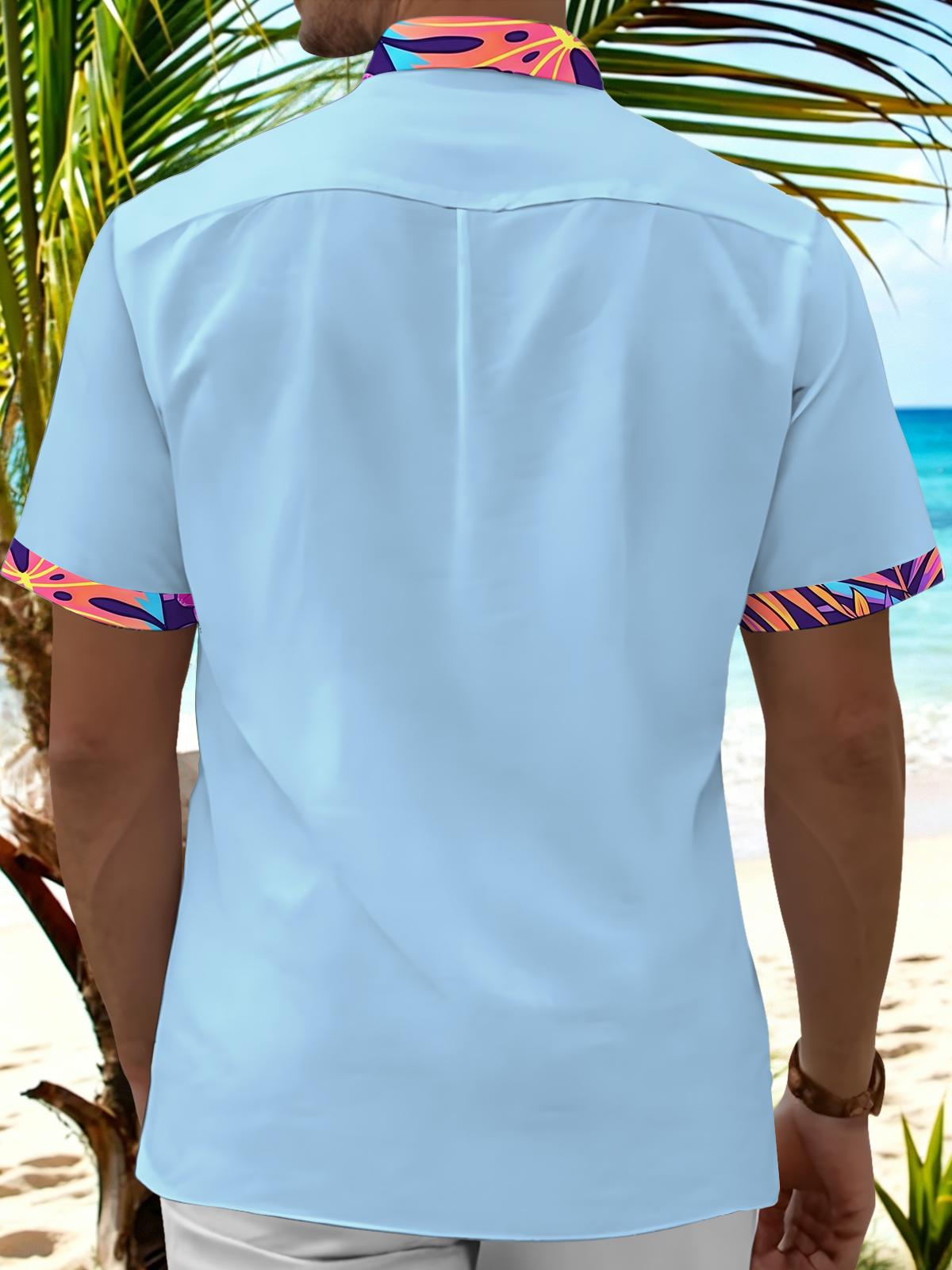 Hawaiian Light Blue Tropical Floral Leaves Trim Men's Pocket Short Sleeve Shirts