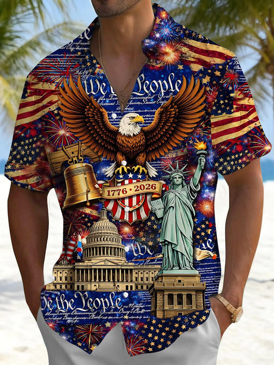 American 250th Anniversary Eagle Print Men's Pocket Short Sleeve Shirts