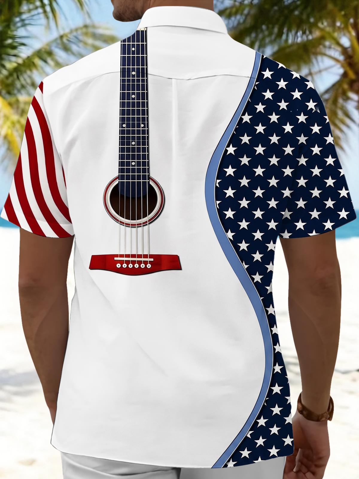 American Flag Guitar Print Men's Pocket Short Sleeve Shirts
