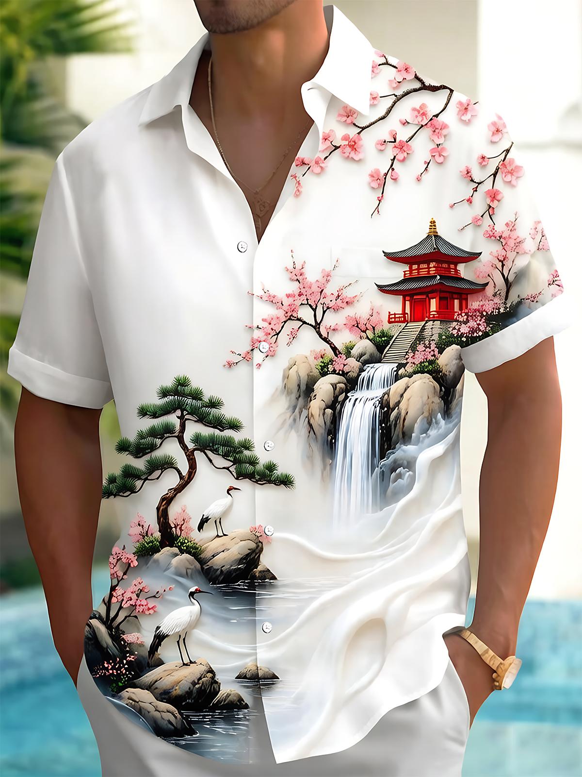 Cherry Blossom Landscape With Cranes Men's Pocket Short Sleeve Shirts