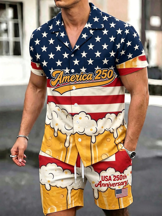 America 250th Anniversary Beer Foam American Flag Independence Day Men's Pocket Short Sleeve Sets
