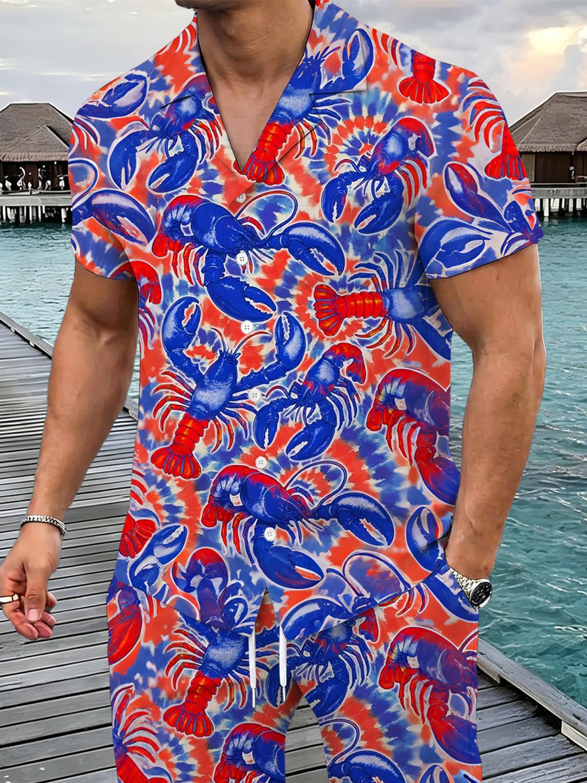 Independence Day Shrimp Print Men's Pocket Short Sleeve Set