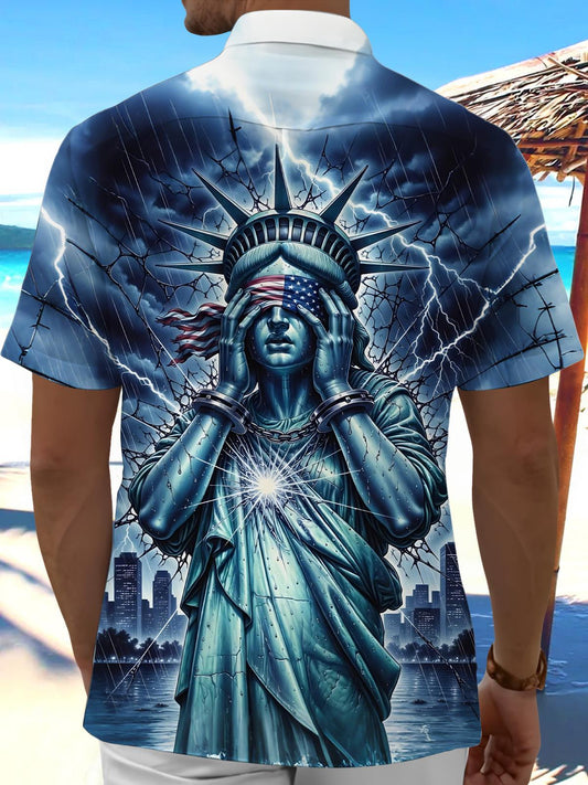 Independence Day Statue of Liberty American Flag Print Men's Pocket Short Sleeve Shirts