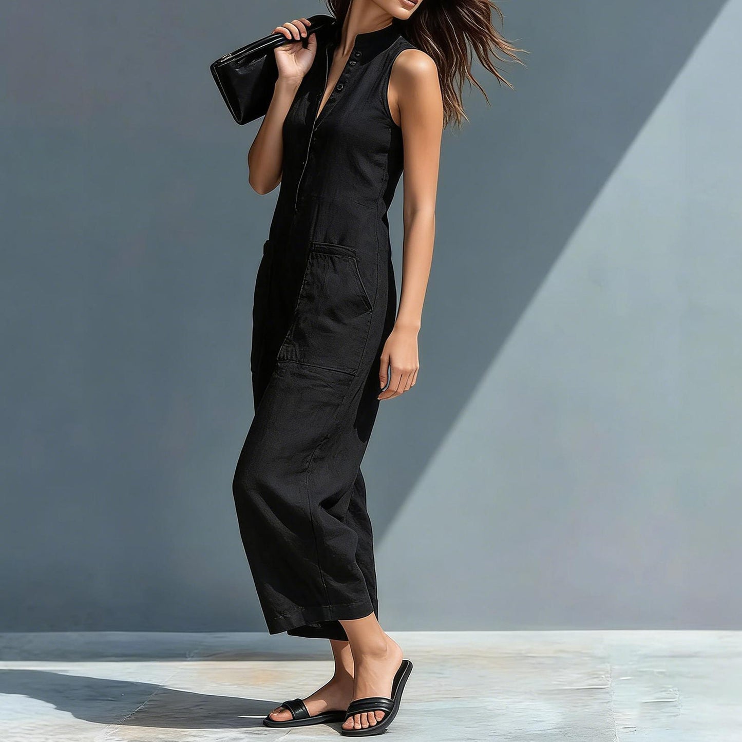Sleeveless Jumpsuits for Women Button Front Stand Collar Sleeveless Loose Wide Leg Jumpsuit for Vacation charmingly