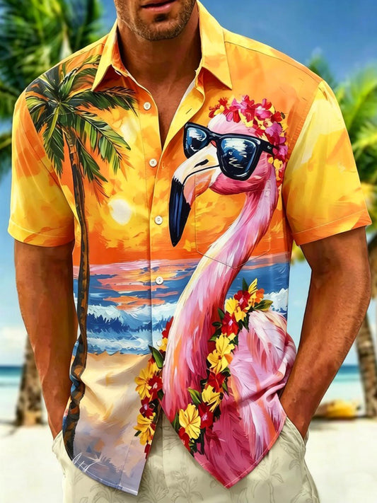 Hawaiian Sunset Flamingo Beach Men's Pocket Short Sleeve Shirts