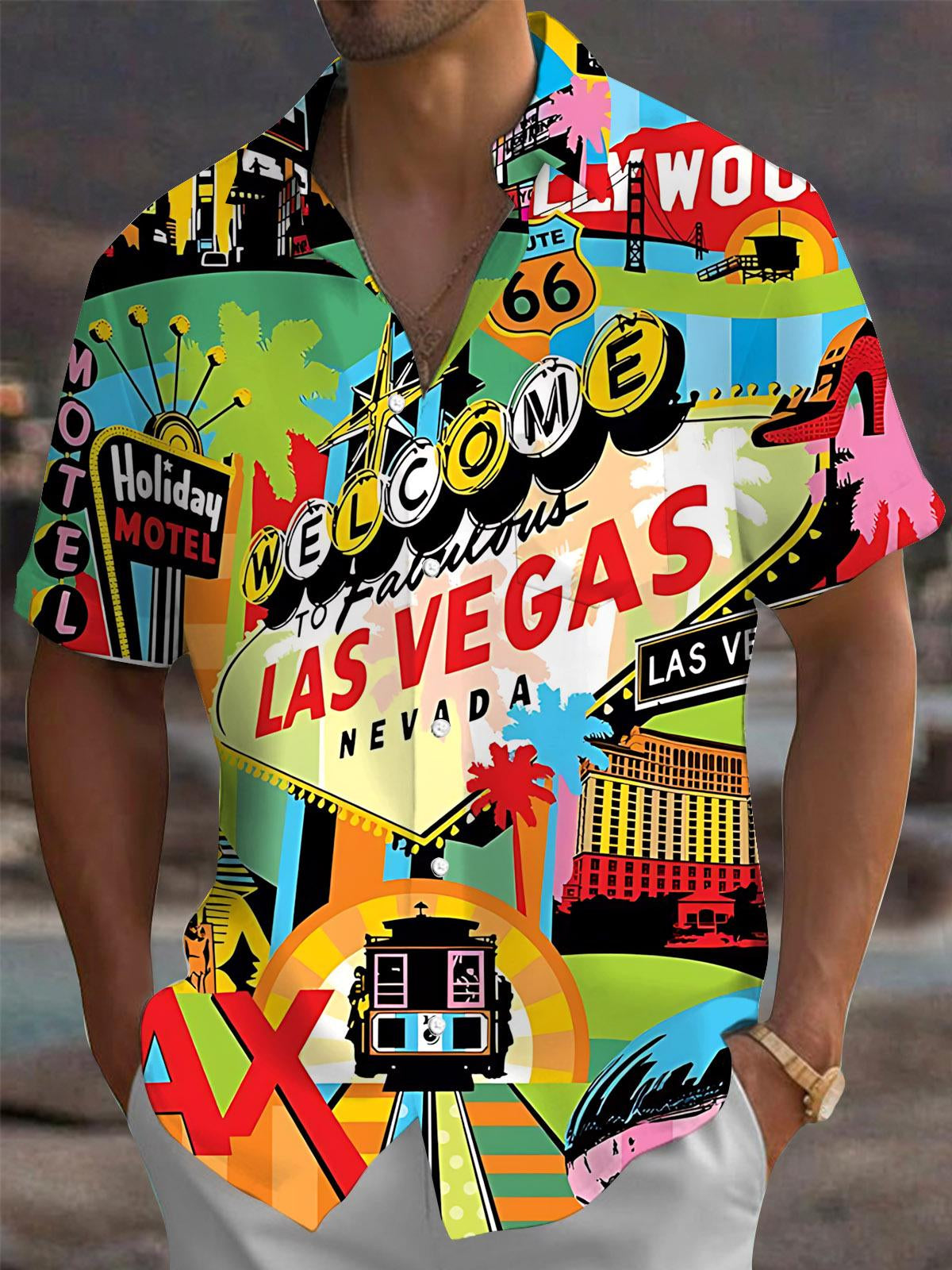 Las Vegas Art Print Men's Pocket Short Sleeve Shirts
