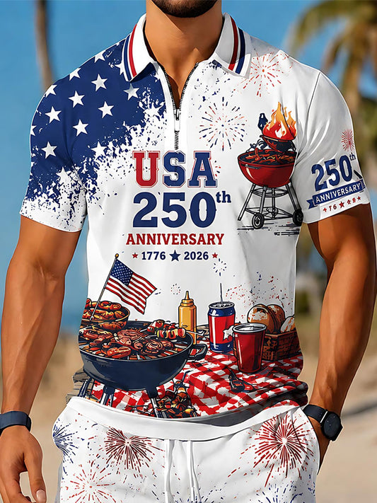 Independence Day USA 250th Anniversary BBQ Party Men's Short Sleeve Zipper Polo Set