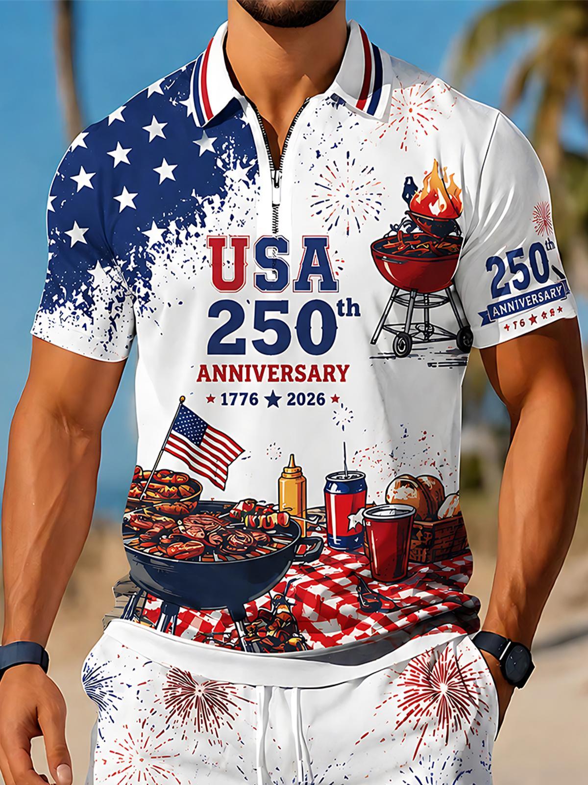 Independence Day USA 250th Anniversary BBQ Party Men's Short Sleeve Zipper Polo