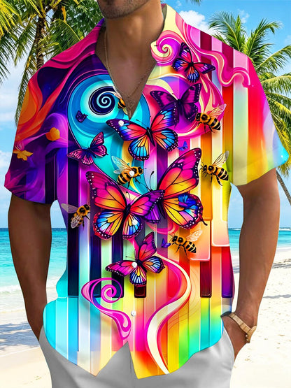 Colorful Gradient Music Piano Keys Butterflies And Bees Men's Pocket Short Sleeve Shirts