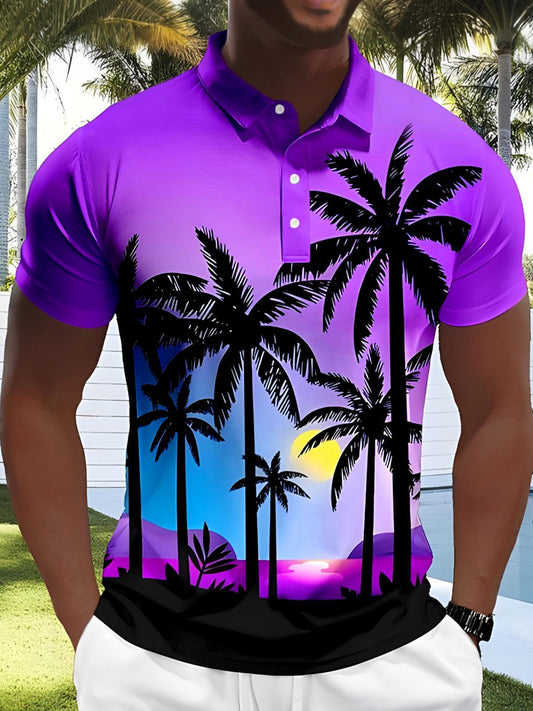 Hawaiian Coconut Tree Men's Short Sleeve Button Polo Shirt
