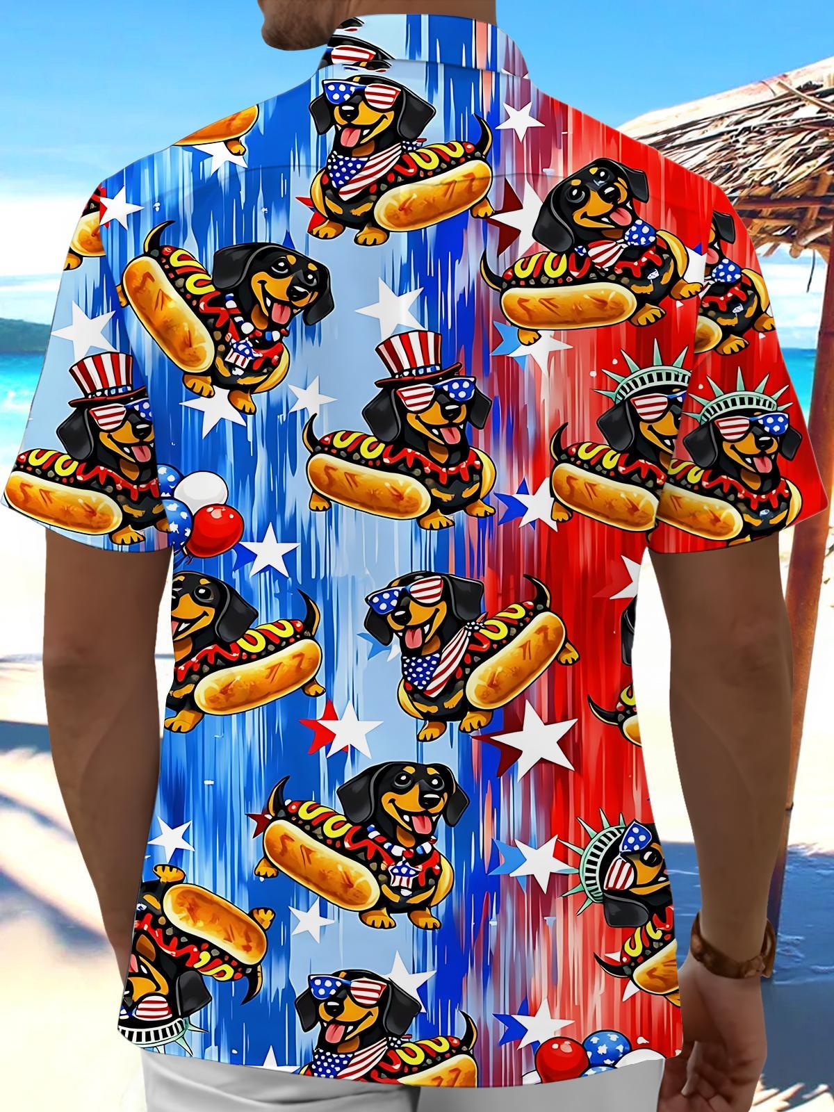 Independence Day American Flag Dachshund Hot Dog Print Men's Pocket Short Sleeve Shirts