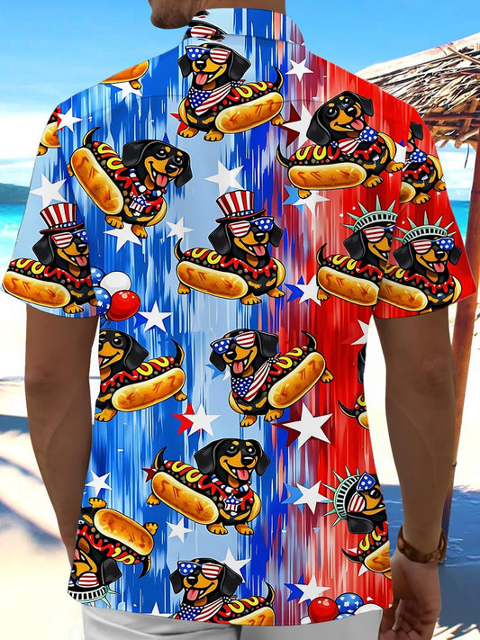 Independence Day American Flag Dachshund Hot Dog Print Men's Pocket Short Sleeve Shirts